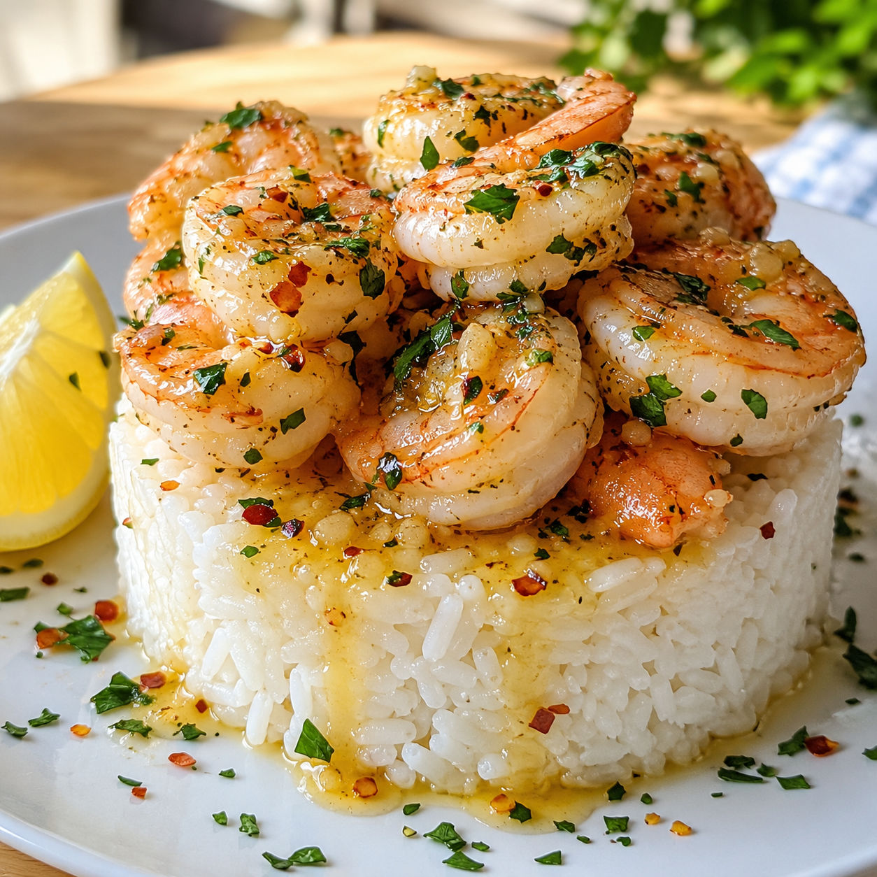 Garlic butter shrimp over a fluffy rice stack with parsley and lemon