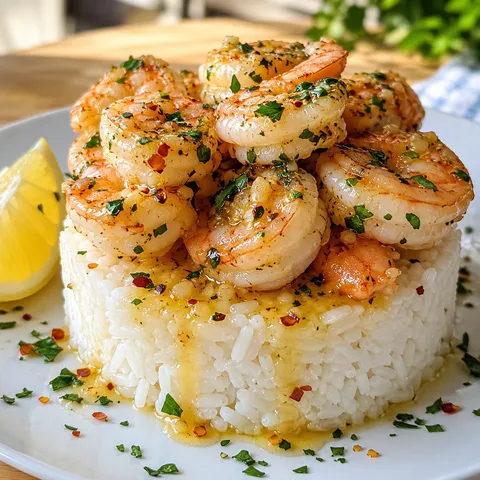 Garlic butter shrimp over a fluffy rice stack with parsley and lemon