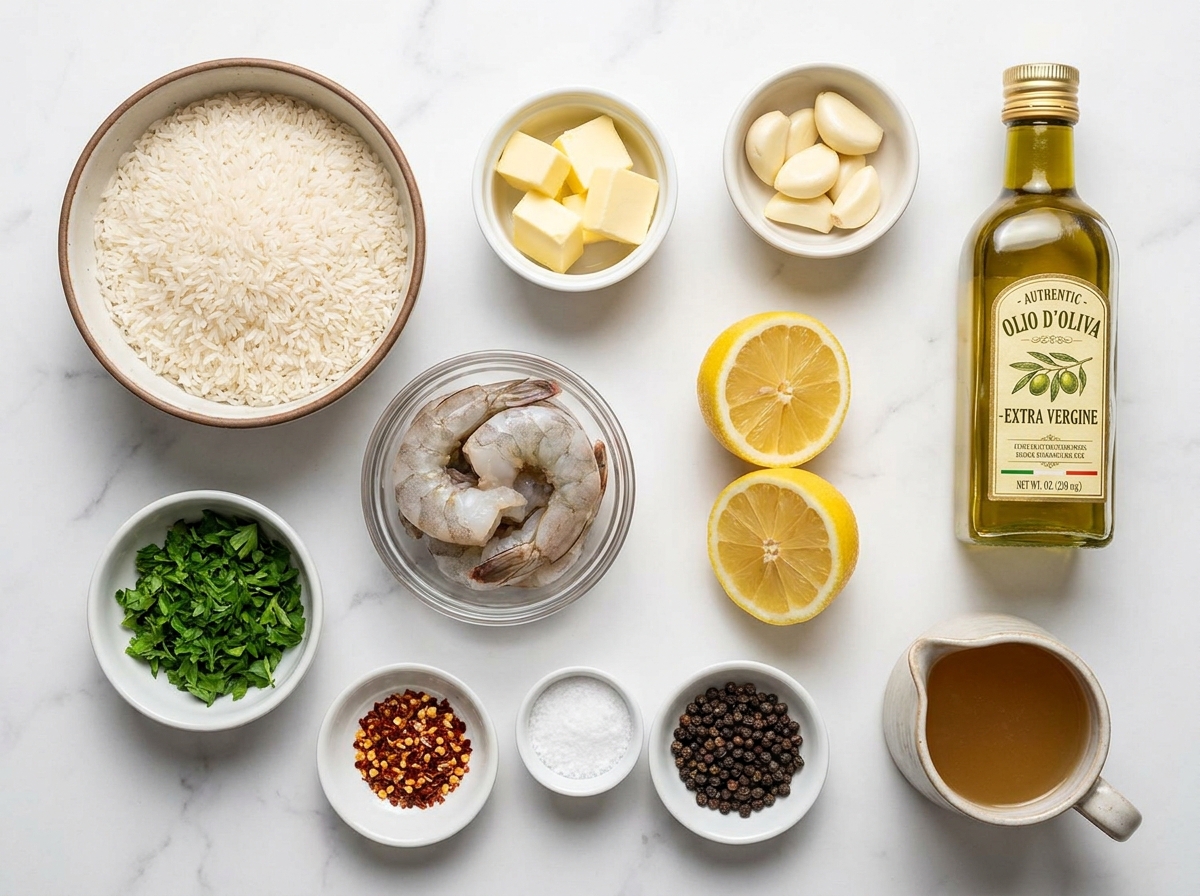 Raw shrimp, jasmine rice, butter, garlic, lemon, and parsley for rice stacks