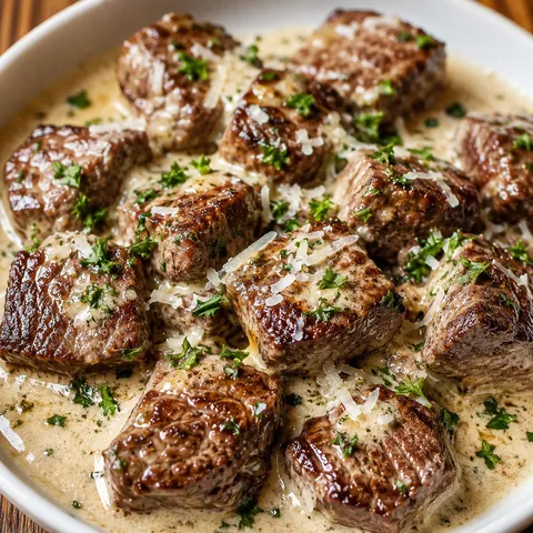 Garlic butter steak bites in parmesan cream sauce with parsley