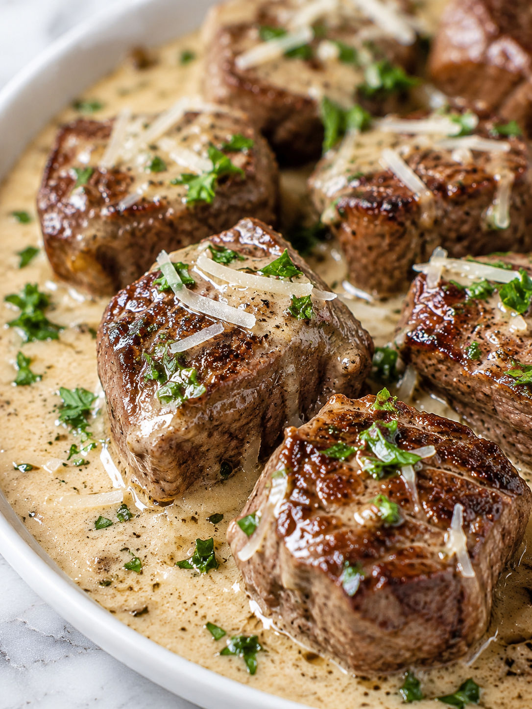 Garlic Butter Steak Bites with Parmesan Cream Sauce, plated and served