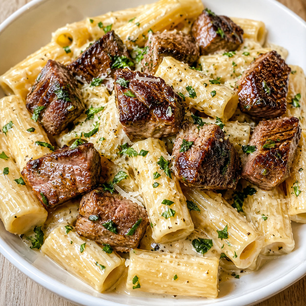 Garlic butter steak with creamy pasta and parsley in a white bowl