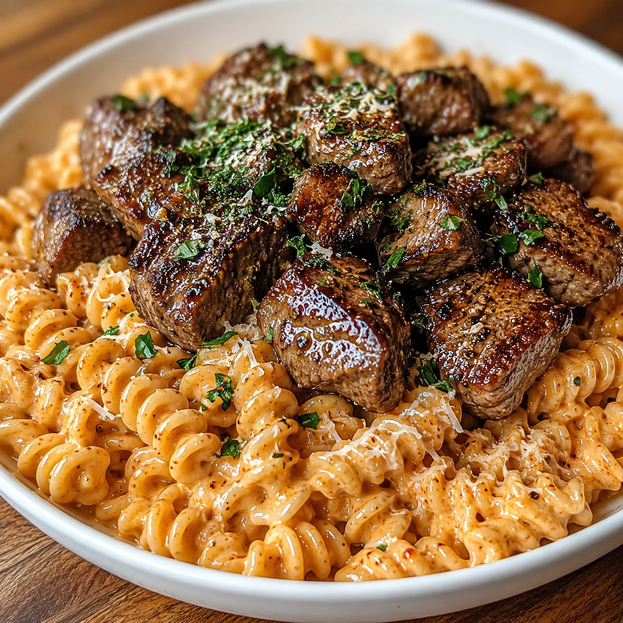 Garlic butter steak with Cajun pasta in creamy Parmesan sauce