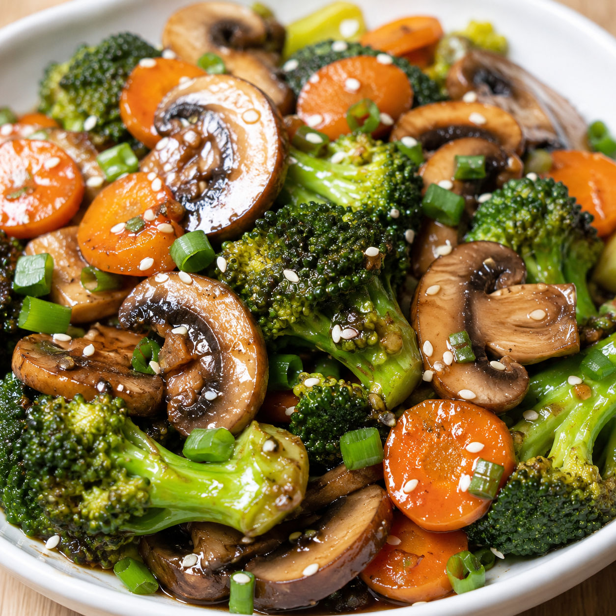 Garlic butter broccoli and mushrooms with carrots in a white bowl