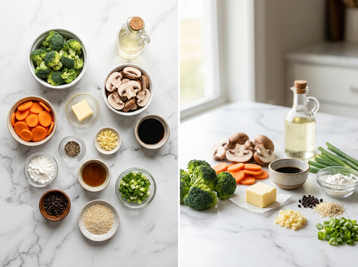 Broccoli, mushrooms, carrots, garlic, butter, and stir-fry glaze ingredients