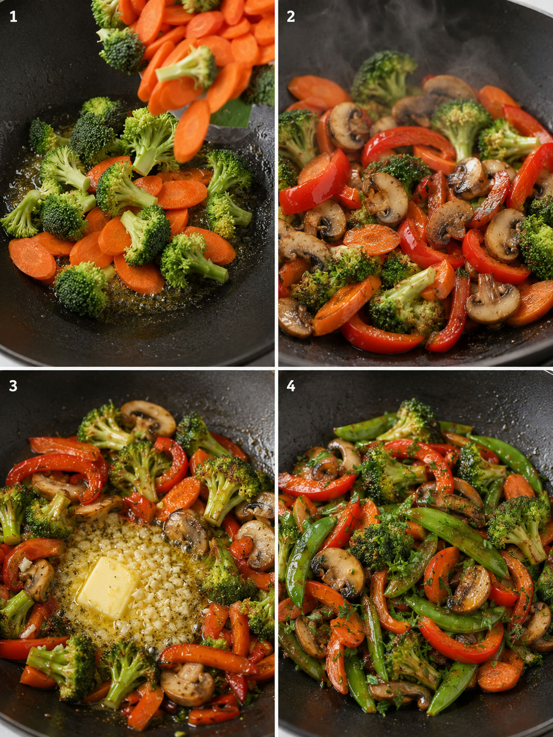 Four steps for making garlic butter stir-fried vegetables in a wok