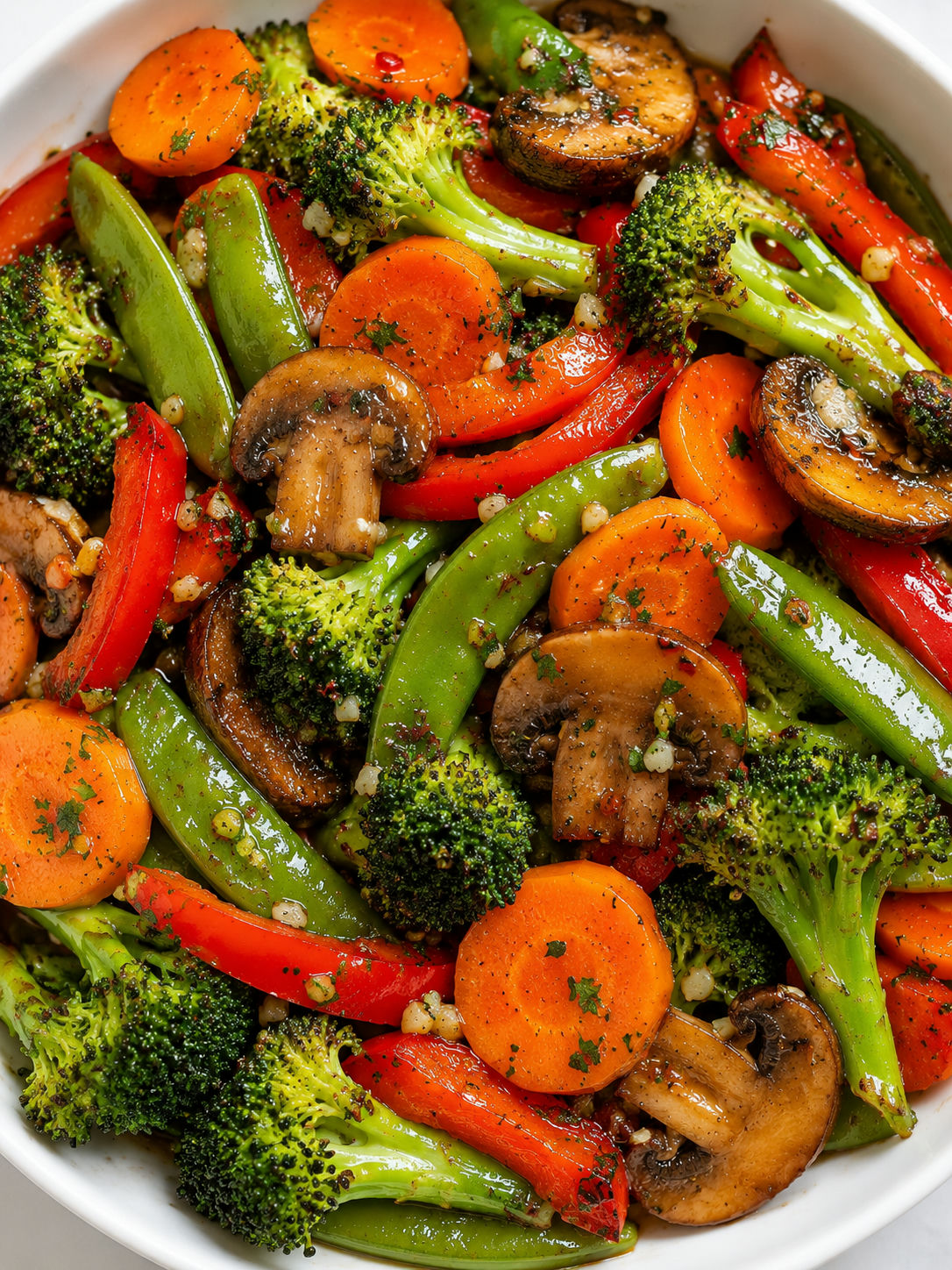 Glossy garlic butter stir-fried vegetables filling a white bowl