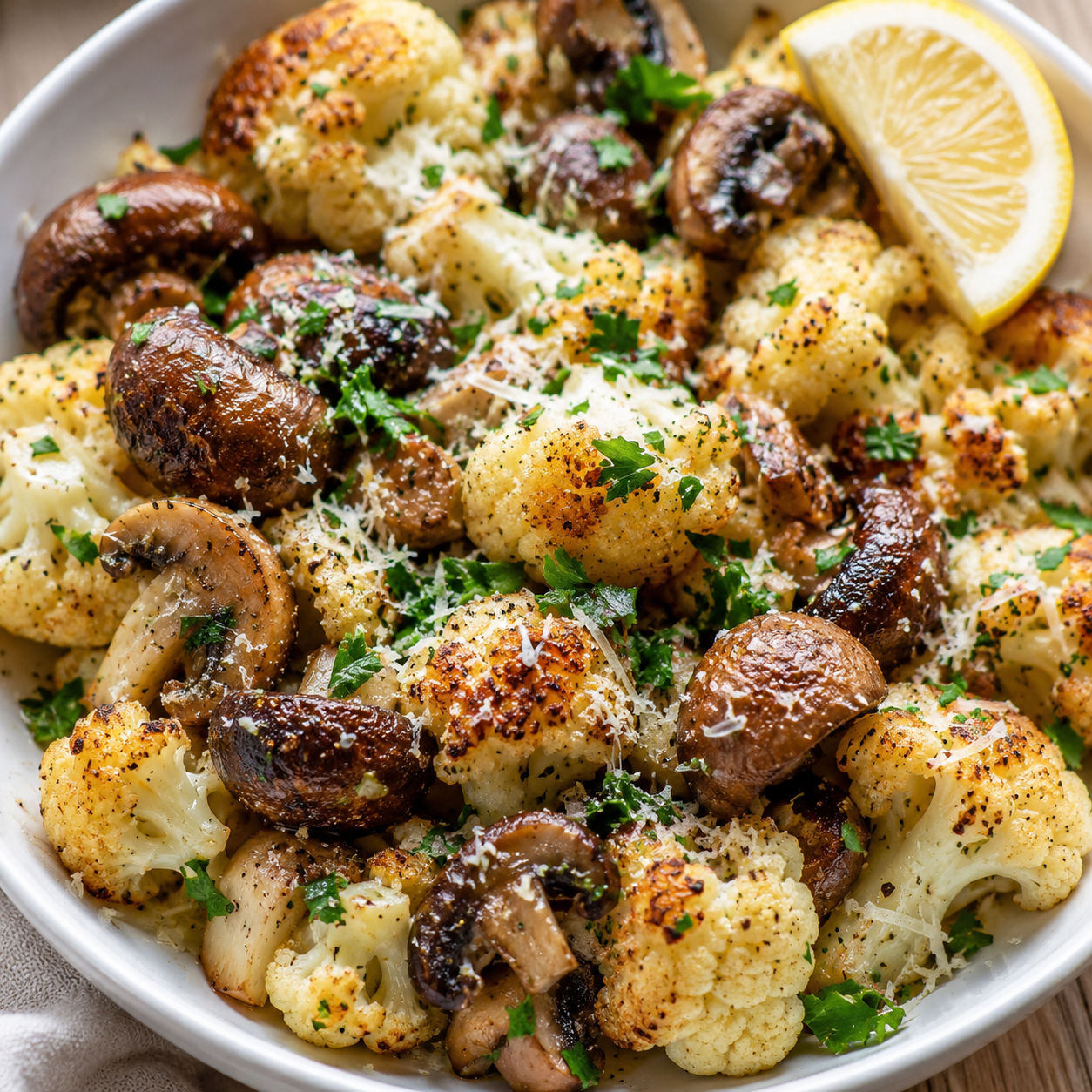 Garlic cauliflower and mushrooms with Parmesan and parsley in a white bowl