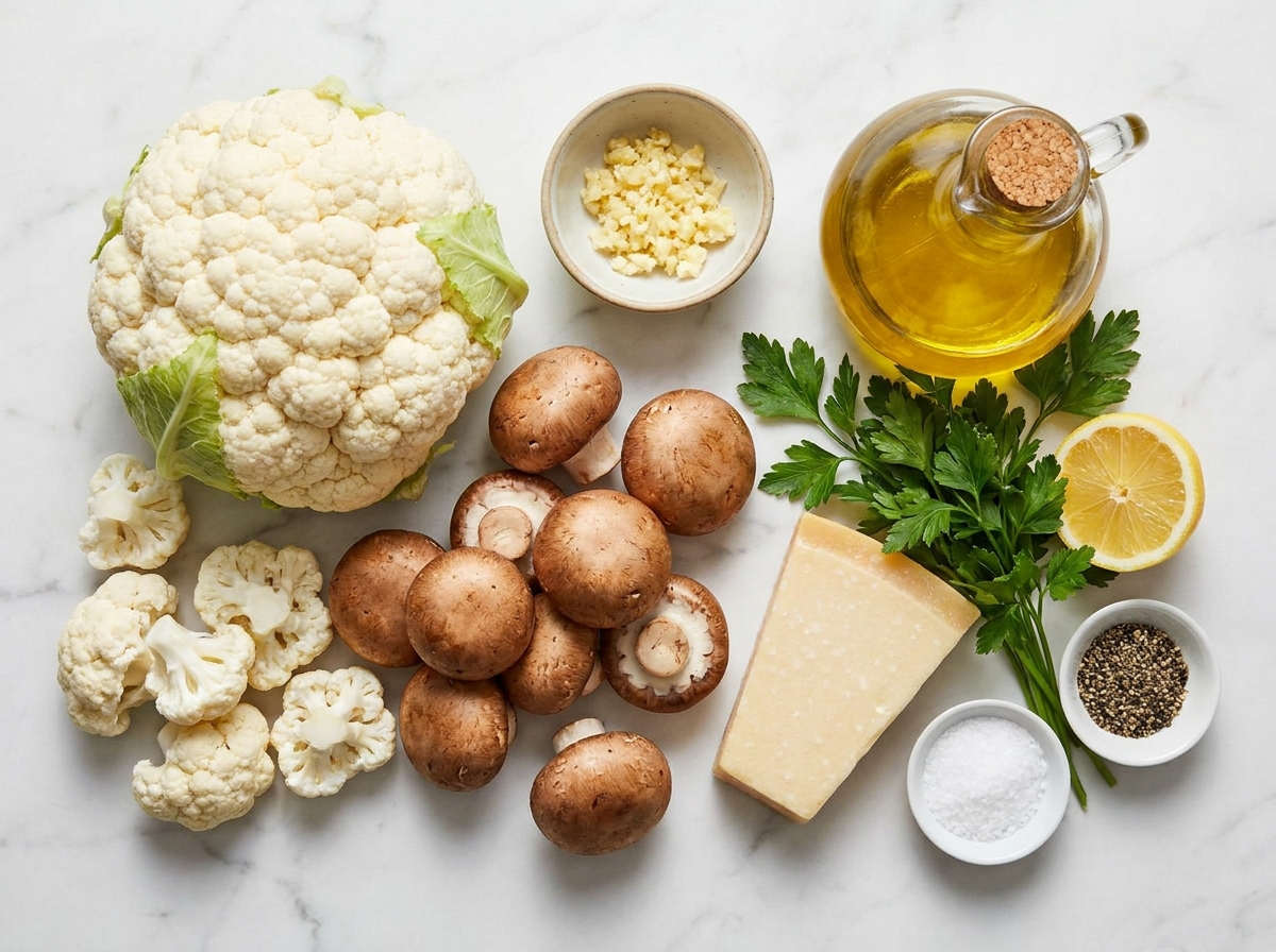 Cauliflower, mushrooms, garlic, Parmesan, parsley, and lemon on a wood surface