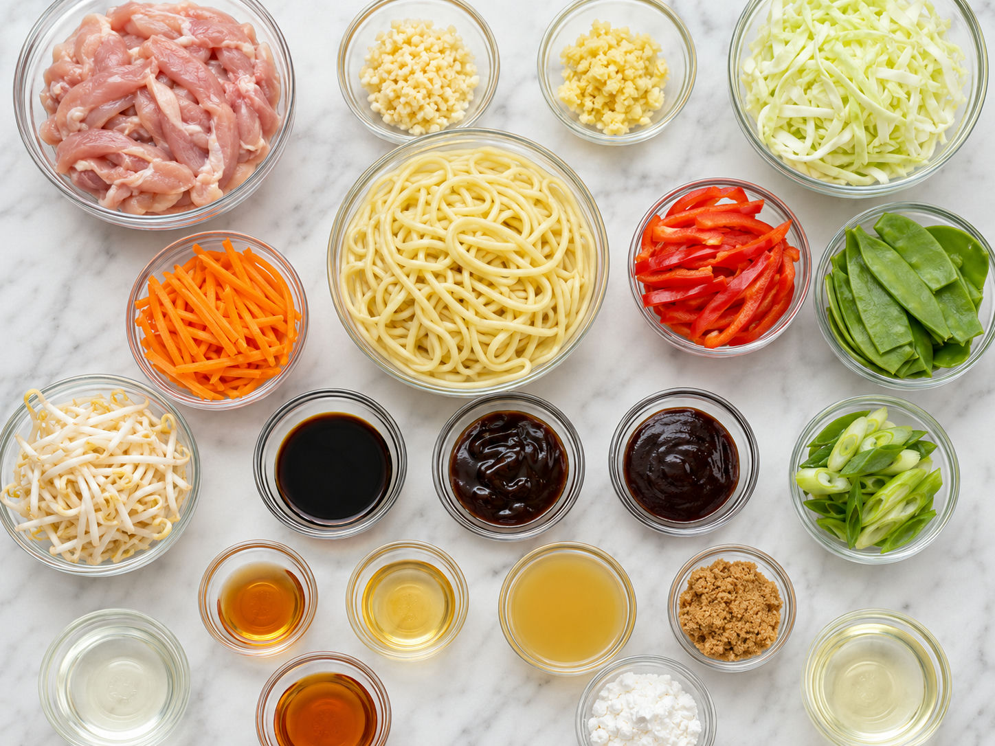 Ingredients for garlic chicken lo mein with noodles, chicken, vegetables, and sauces