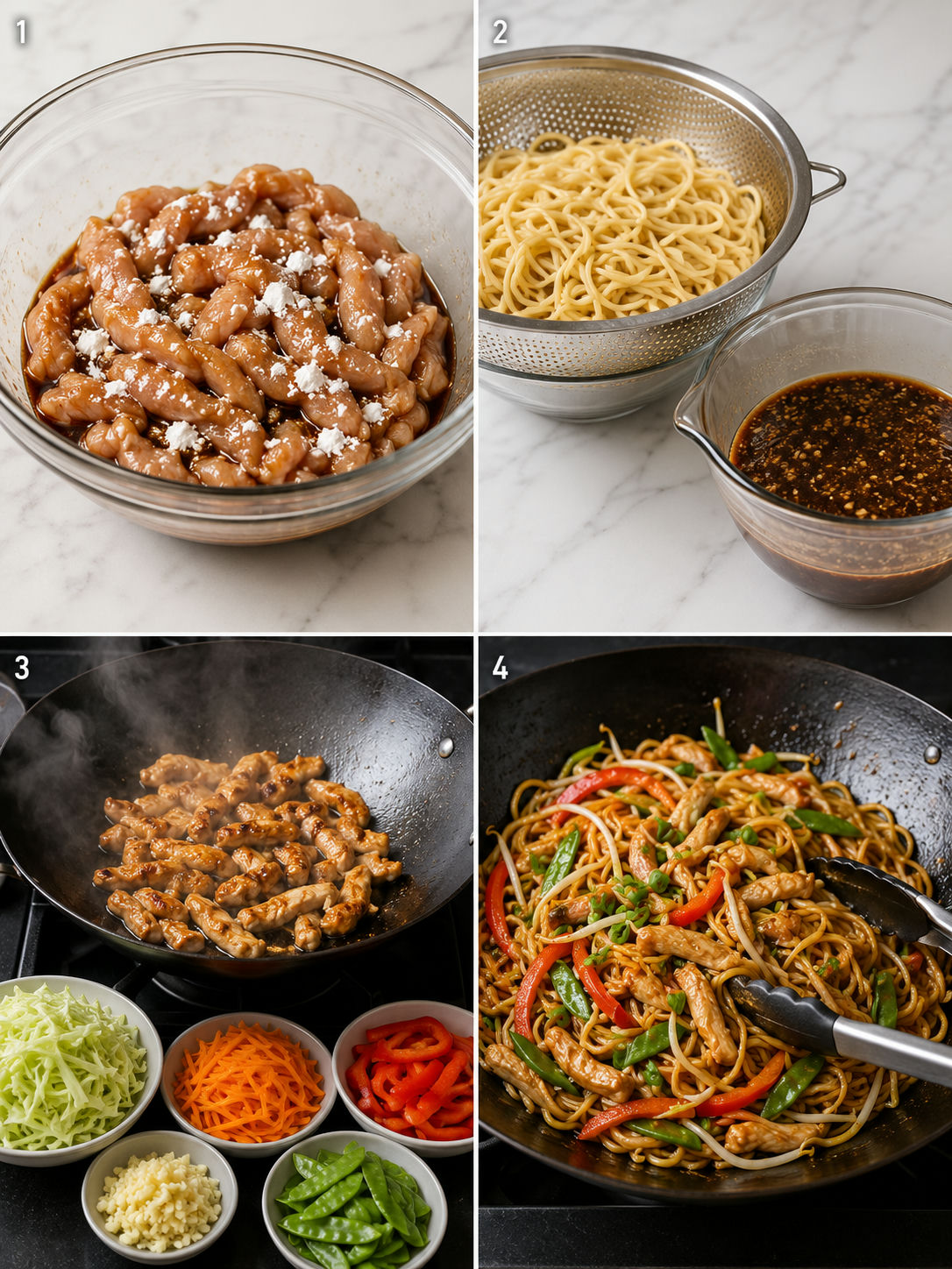 Four cooking steps for garlic chicken lo mein from marinating to tossing