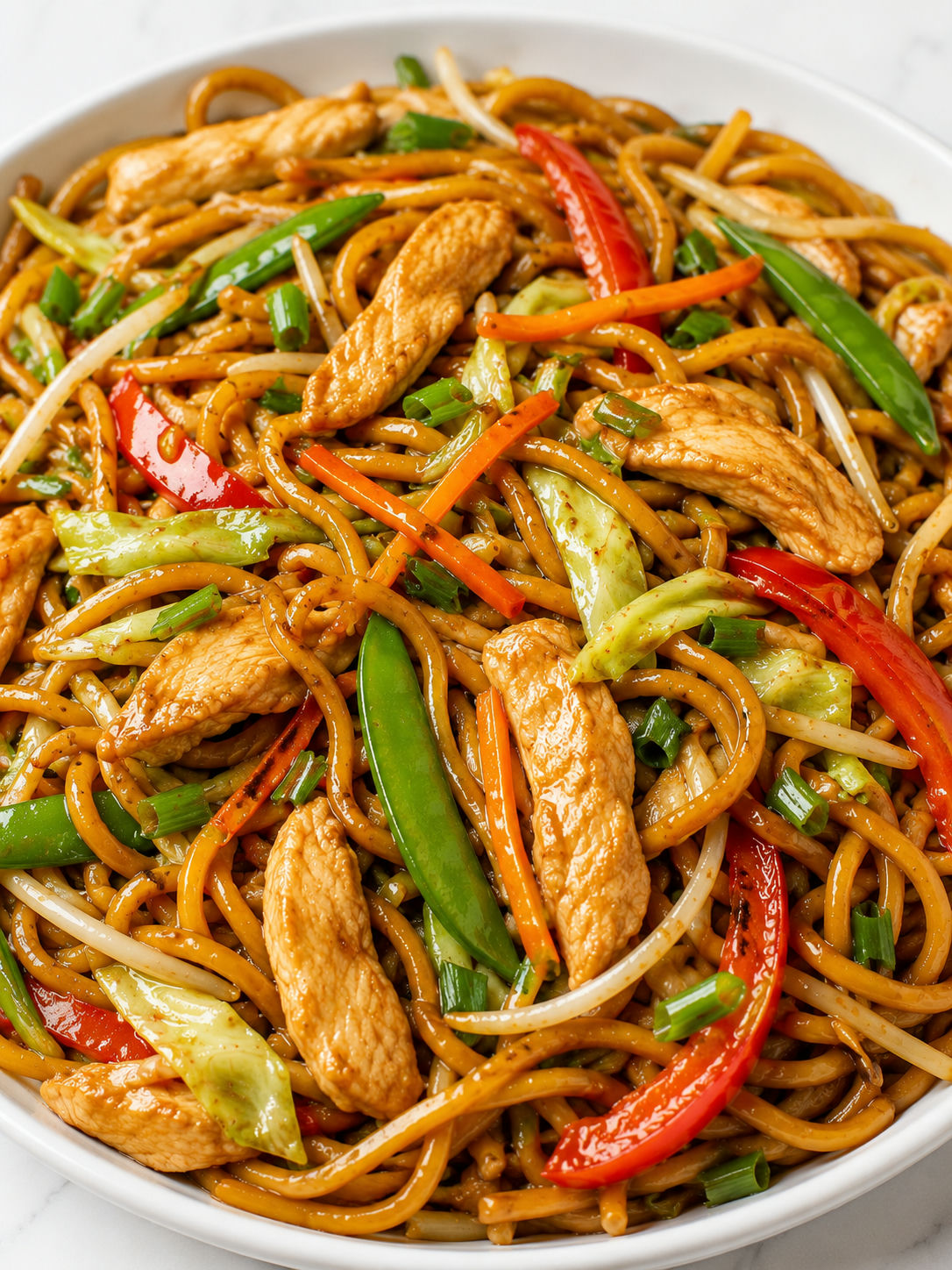 Garlic chicken lo mein with glossy noodles, chicken, scallions, and crisp vegetables