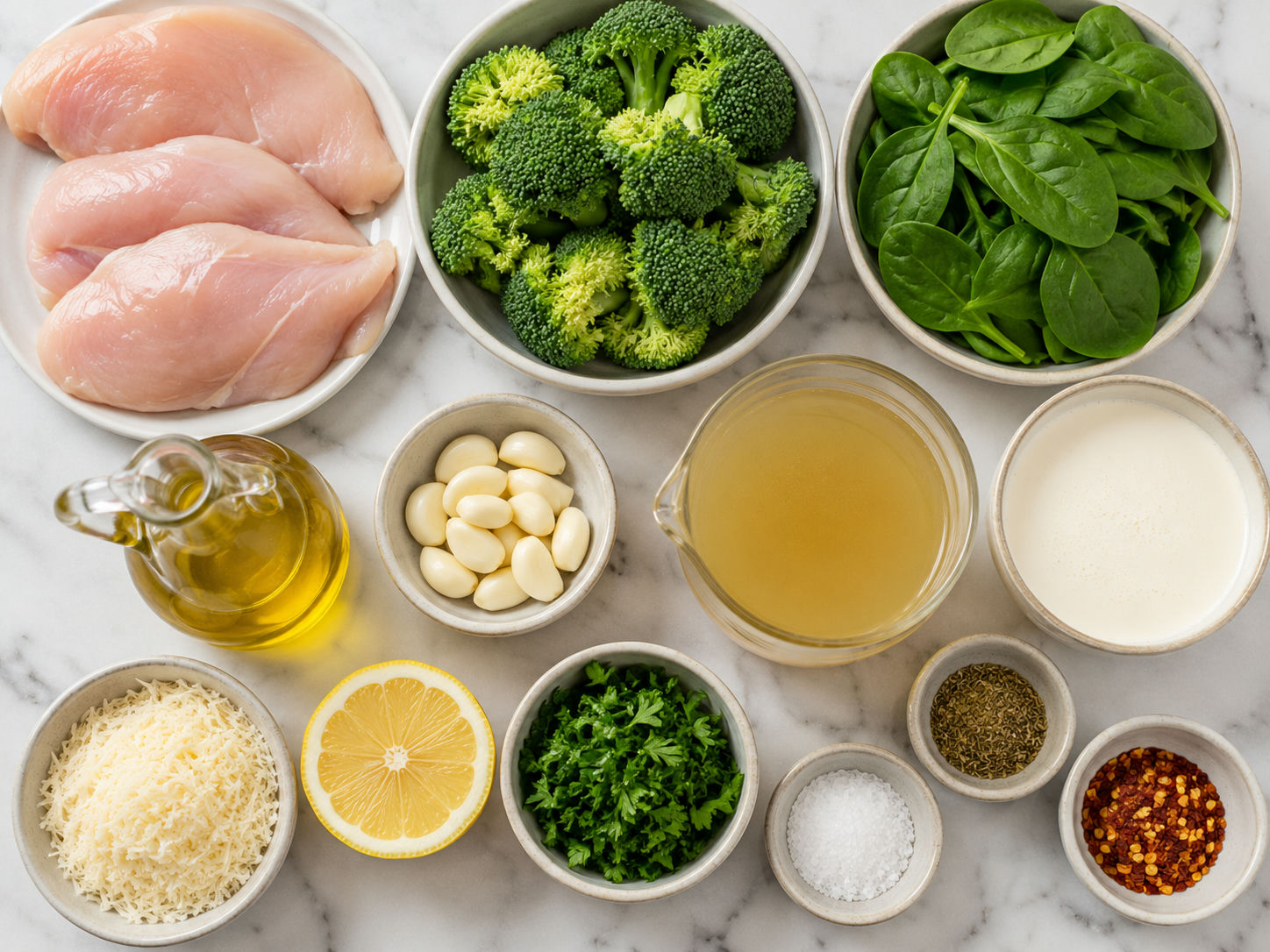 Chicken cutlets, broccoli, spinach, garlic, cream, Parmesan, and lemon