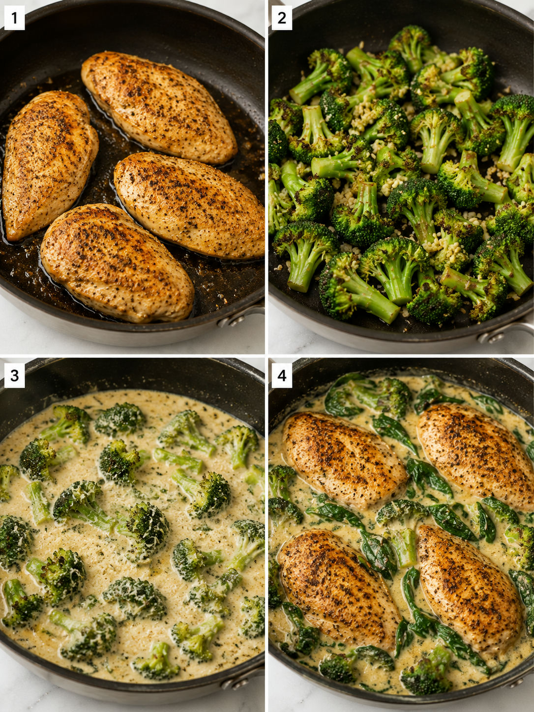 Four steps for searing chicken and making broccoli spinach garlic sauce
