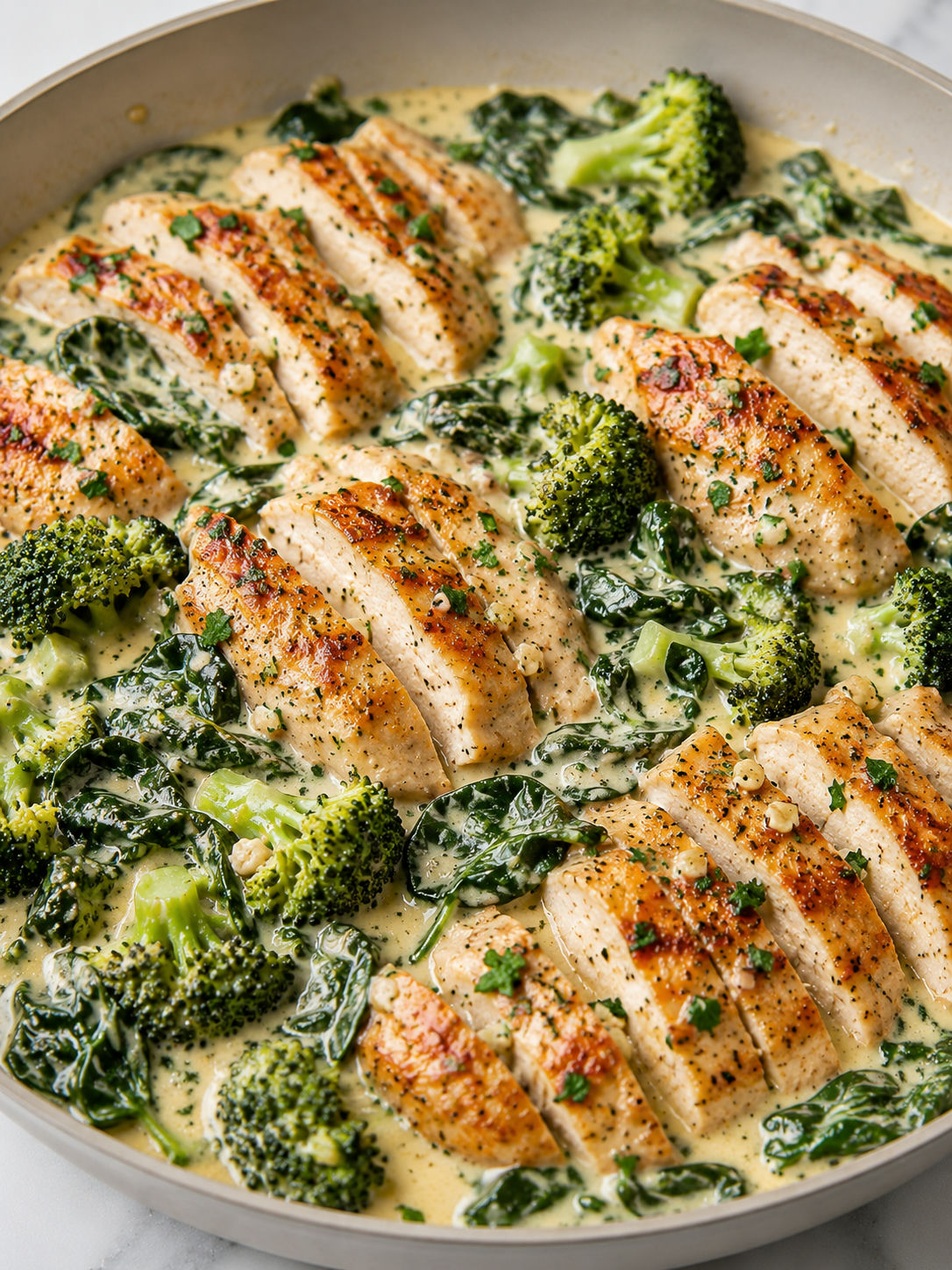 Creamy garlic chicken cutlets with broccoli, spinach, and parsley