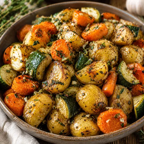 Golden roasted potatoes, carrots, and zucchini with garlic and herbs in a serving dish
