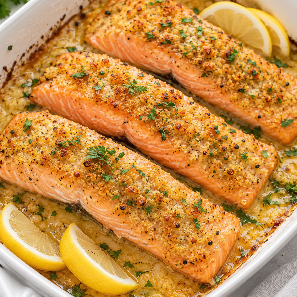 Garlic knot salmon with crisp Parmesan crumbs, parsley, and lemon