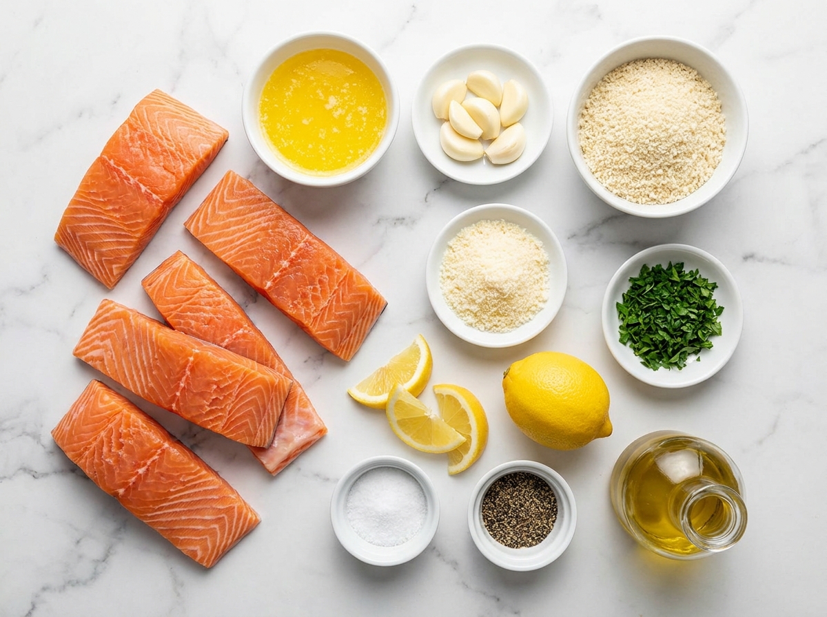 Ingredients for garlic knot salmon with panko, Parmesan, garlic, and lemon