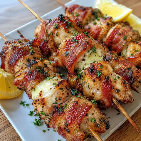 Bacon-wrapped garlic mozzarella chicken skewers with parsley and lemon