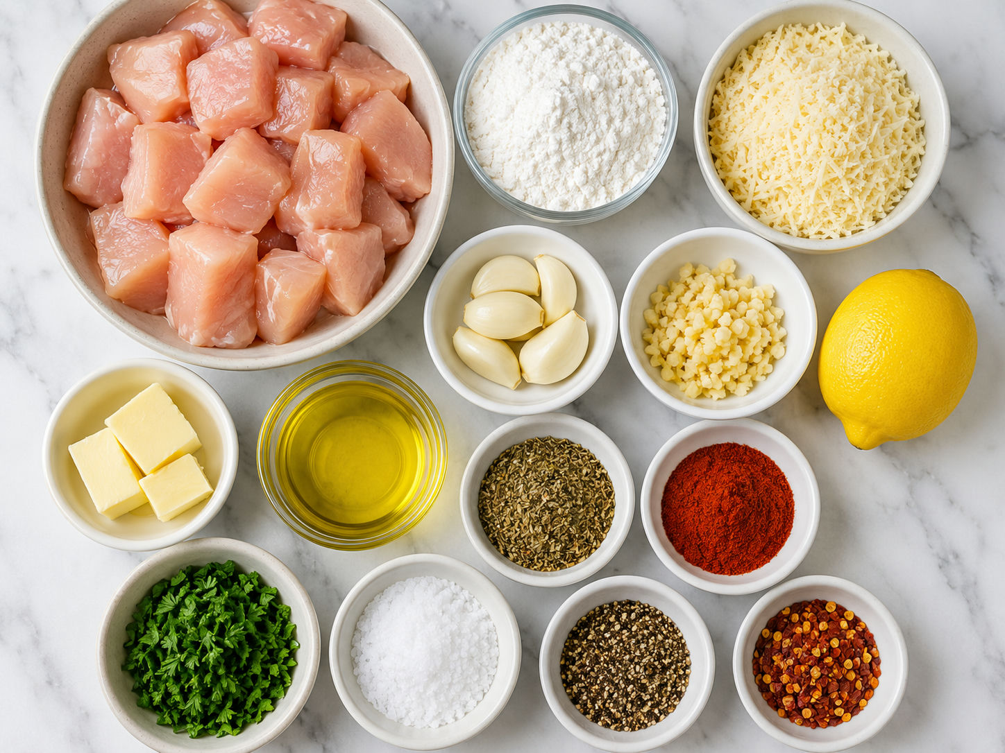 Raw chicken, parmesan, garlic, butter, herbs, and lemon for chicken bites
