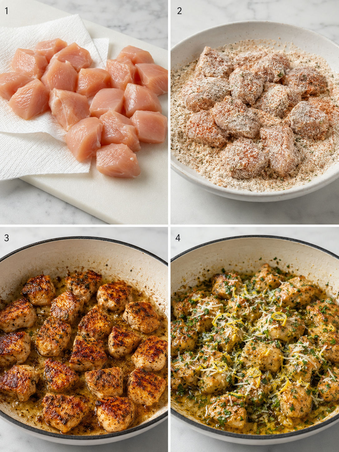 Four cooking steps for Garlic Parmesan Chicken Bites in a skillet