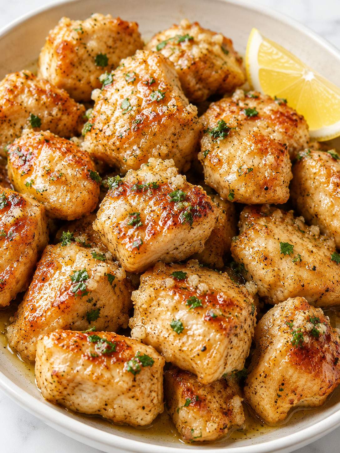 Golden Garlic Parmesan Chicken Bites with parsley and lemon