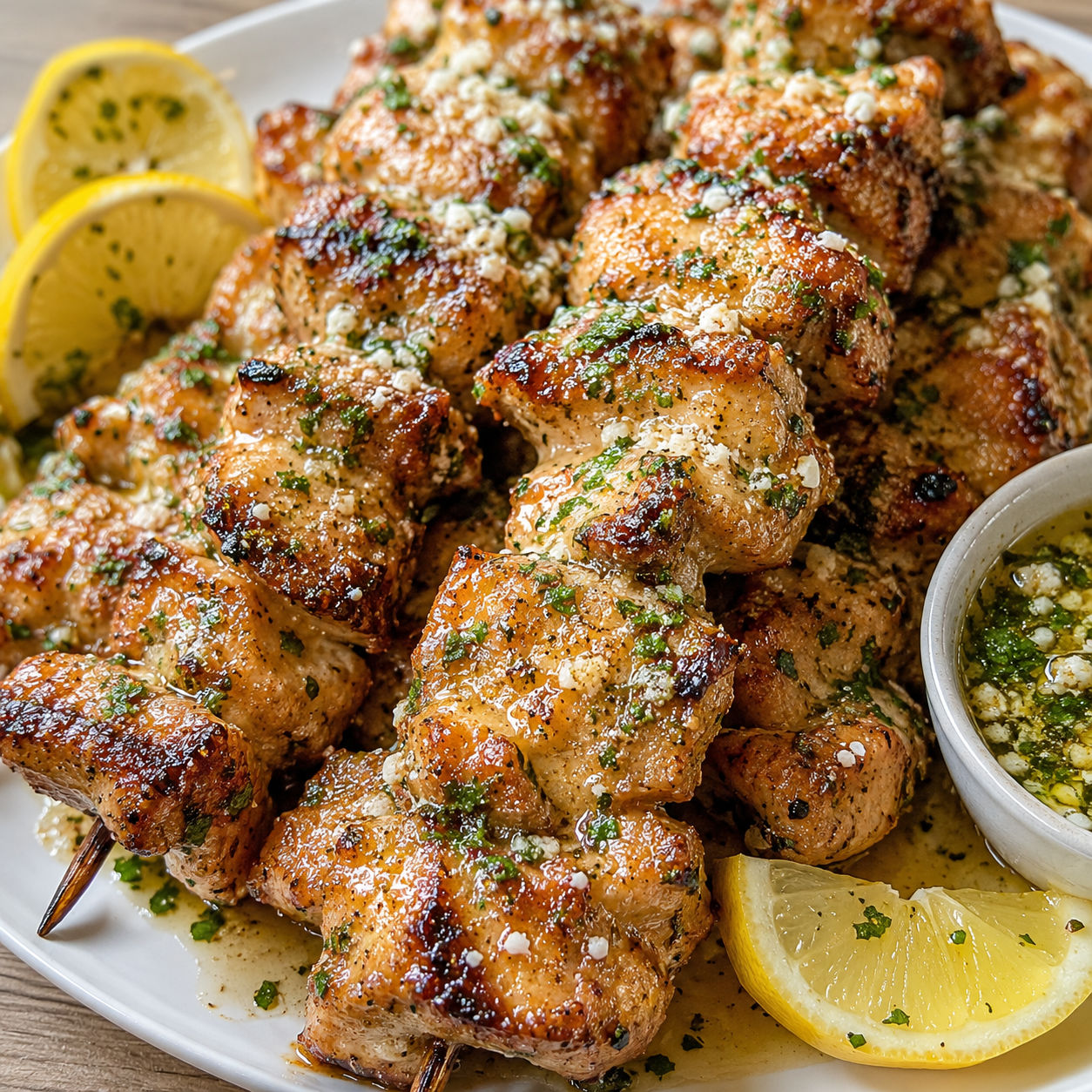 Garlic parmesan chicken kebabs with parsley and lemon on a white platter