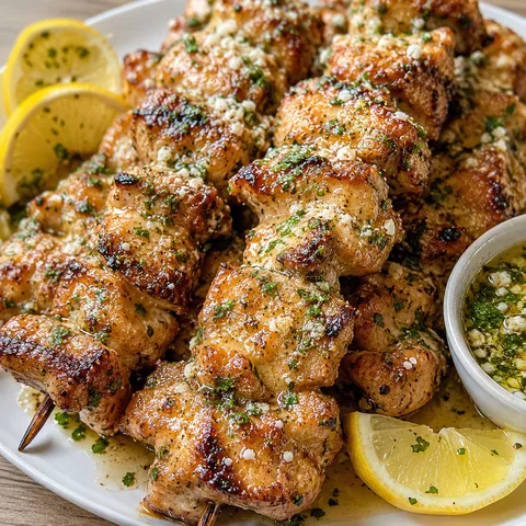 Garlic parmesan chicken kebabs with parsley and lemon on a white platter