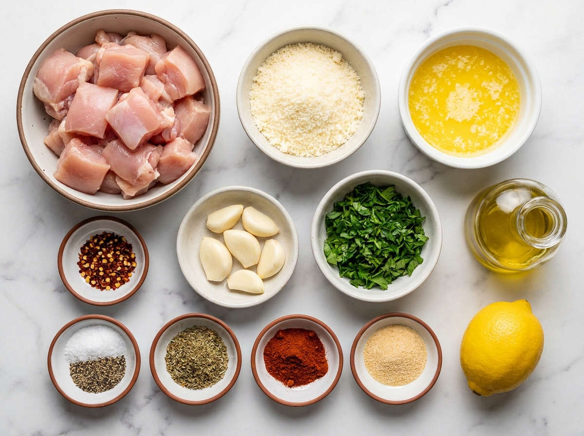 Ingredients for garlic parmesan chicken kebabs with butter, garlic, and lemon