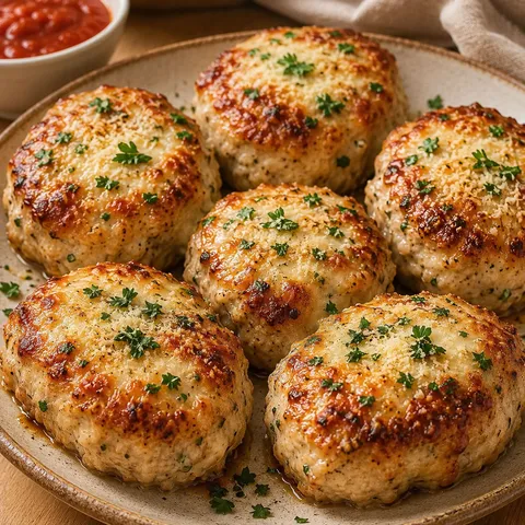 Garlic Parmesan chicken meatloaves with melted cheese and parsley