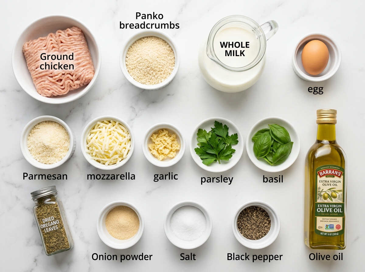 Ingredients for garlic Parmesan chicken meatloaves on a wooden surface