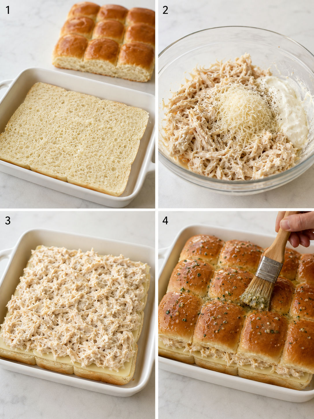Four steps for making garlic parmesan chicken sliders on Hawaiian rolls