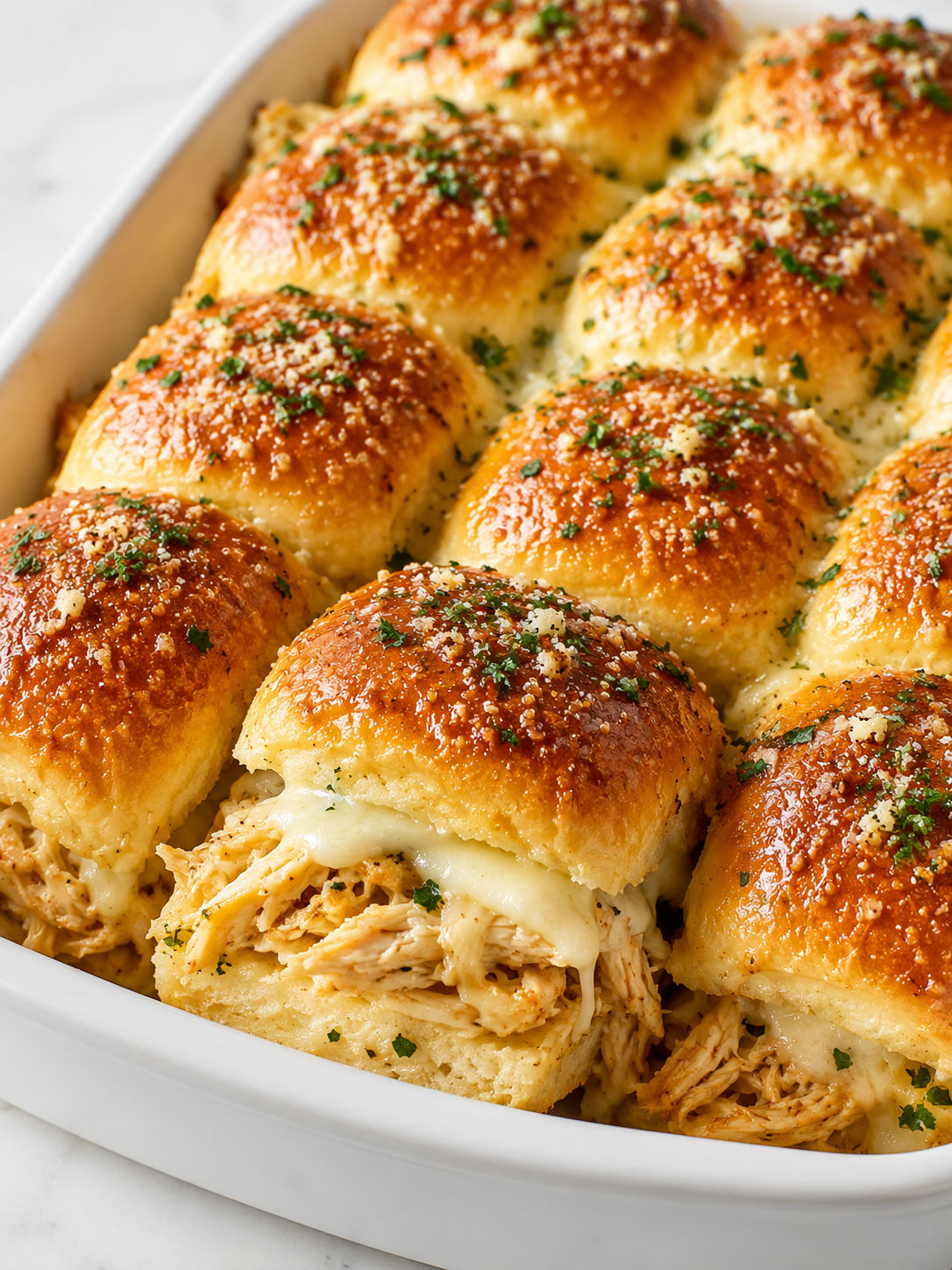 Garlic parmesan chicken sliders with golden rolls and melted cheese pull