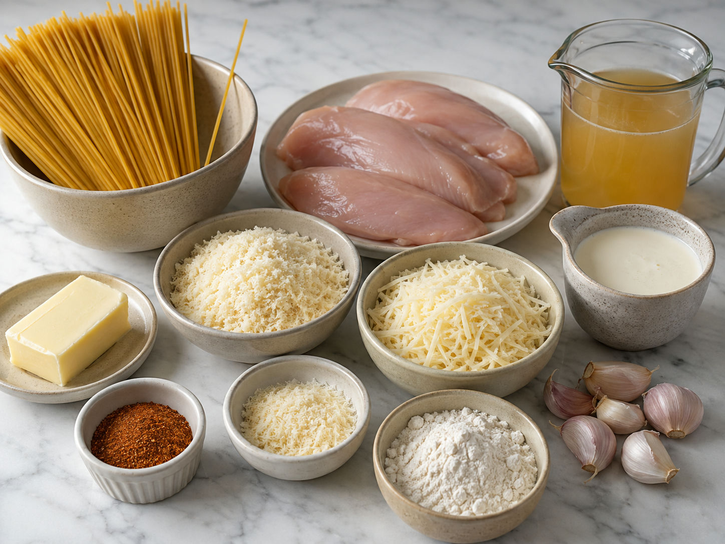 Ingredients for Garlic Parmesan Chicken Spaghetti Cajun laid out