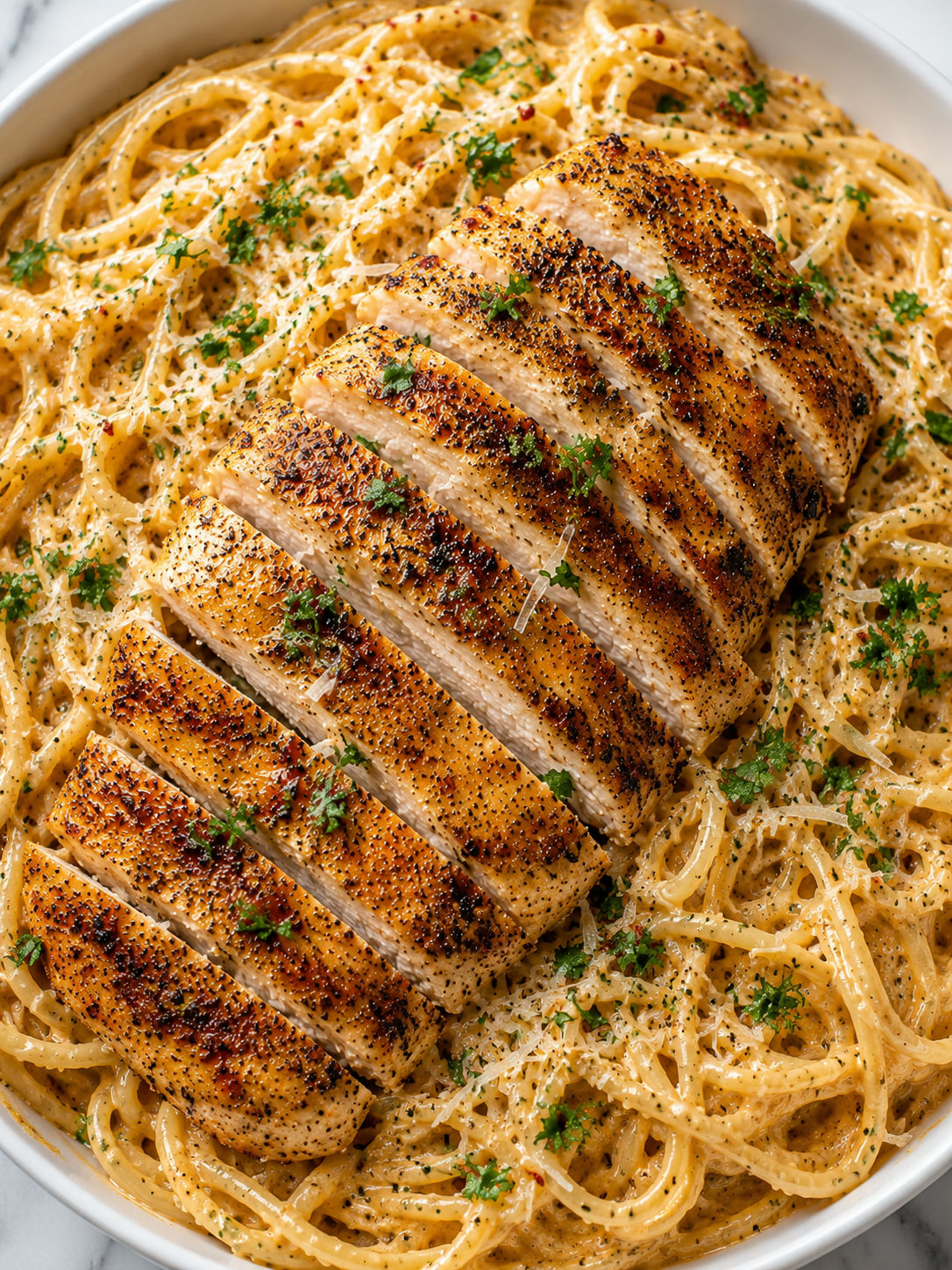 Creamy Cajun garlic Parmesan chicken spaghetti with golden sliced chicken