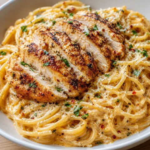 Garlic Parmesan chicken spaghetti with Cajun cream sauce and parsley