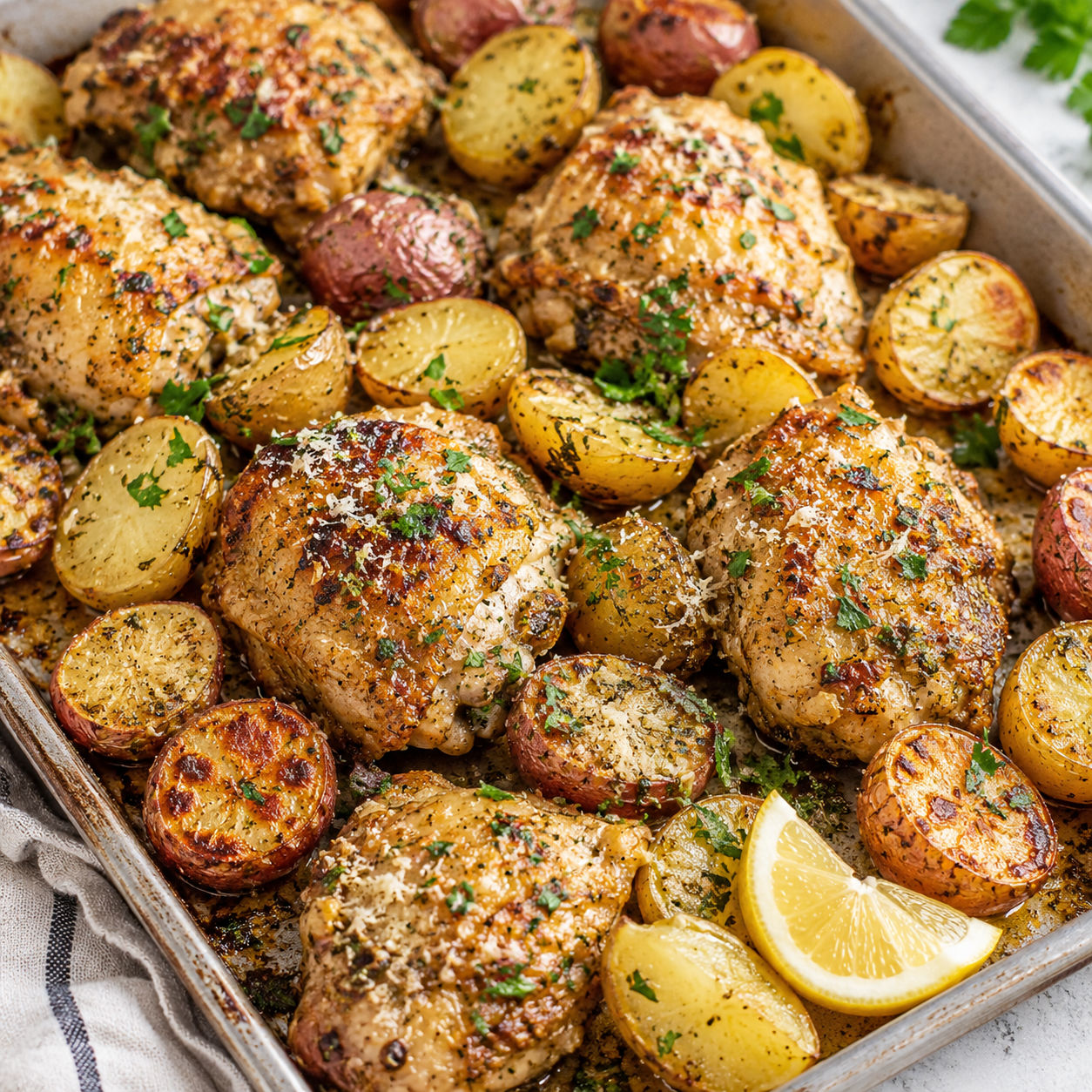 Garlic Parmesan chicken and potatoes with parsley and lemon