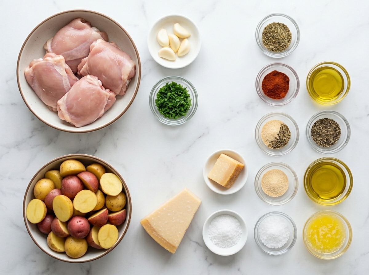 Raw chicken, baby potatoes, Parmesan, garlic, herbs, butter, and lemon
