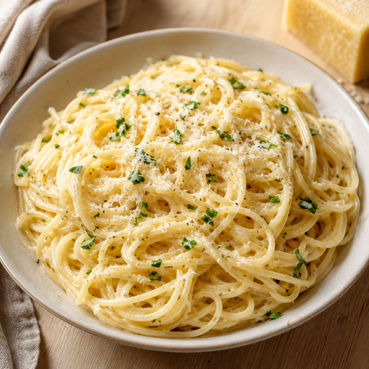 Garlic Parmesan Pasta with parsley and grated cheese in a white bowl