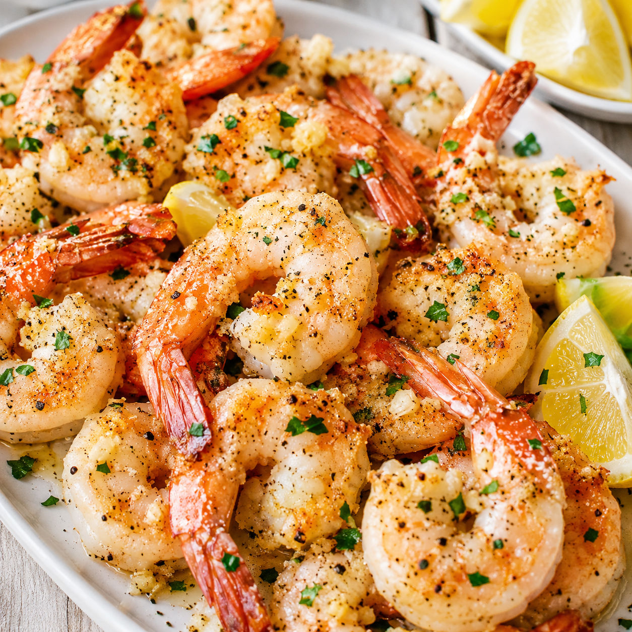 Garlic Parmesan Roasted Shrimp with parsley and lemon on a white platter