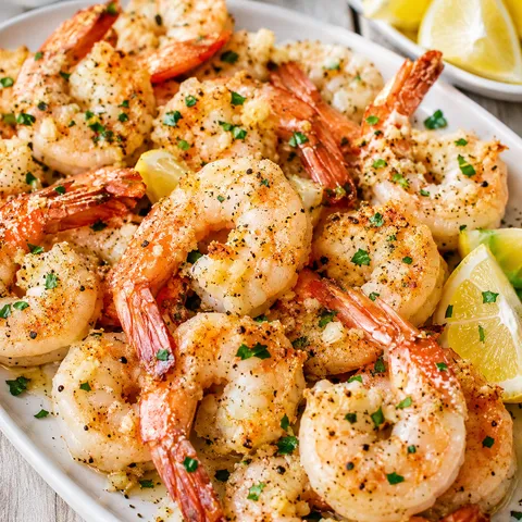 Garlic Parmesan Roasted Shrimp with parsley and lemon on a white platter