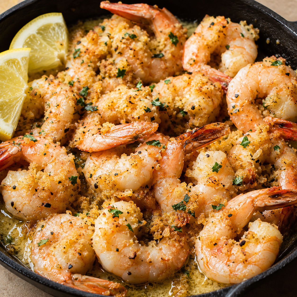 Baked garlic Parmesan shrimp in a skillet with lemon and parsley