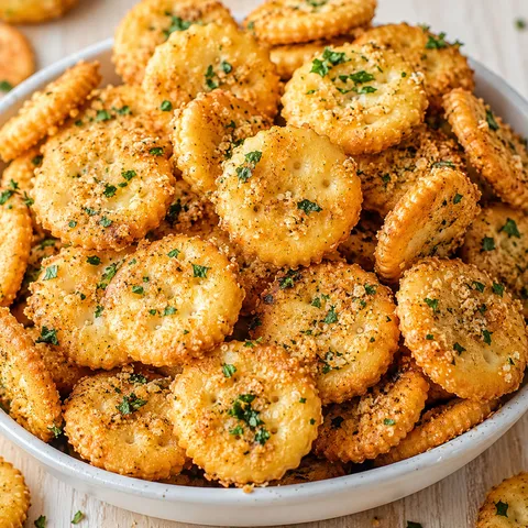 Golden garlic cheese Ritz snacks with parsley in a white bowl