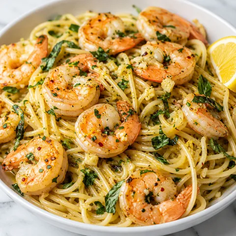 Garlic shrimp pasta with butter, herbs, and lemon in a white bowl
