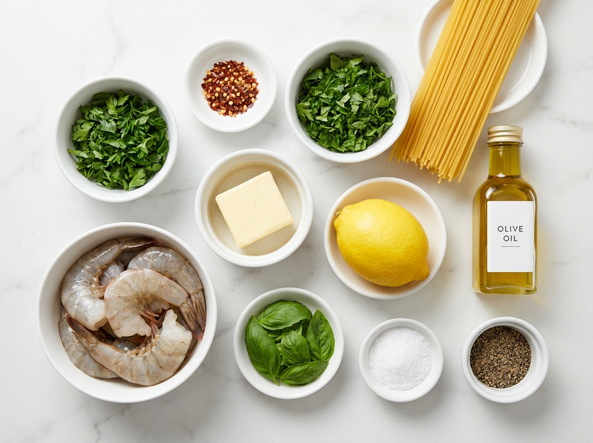 Raw shrimp, spaghetti, butter, garlic, lemon, and herbs on marble