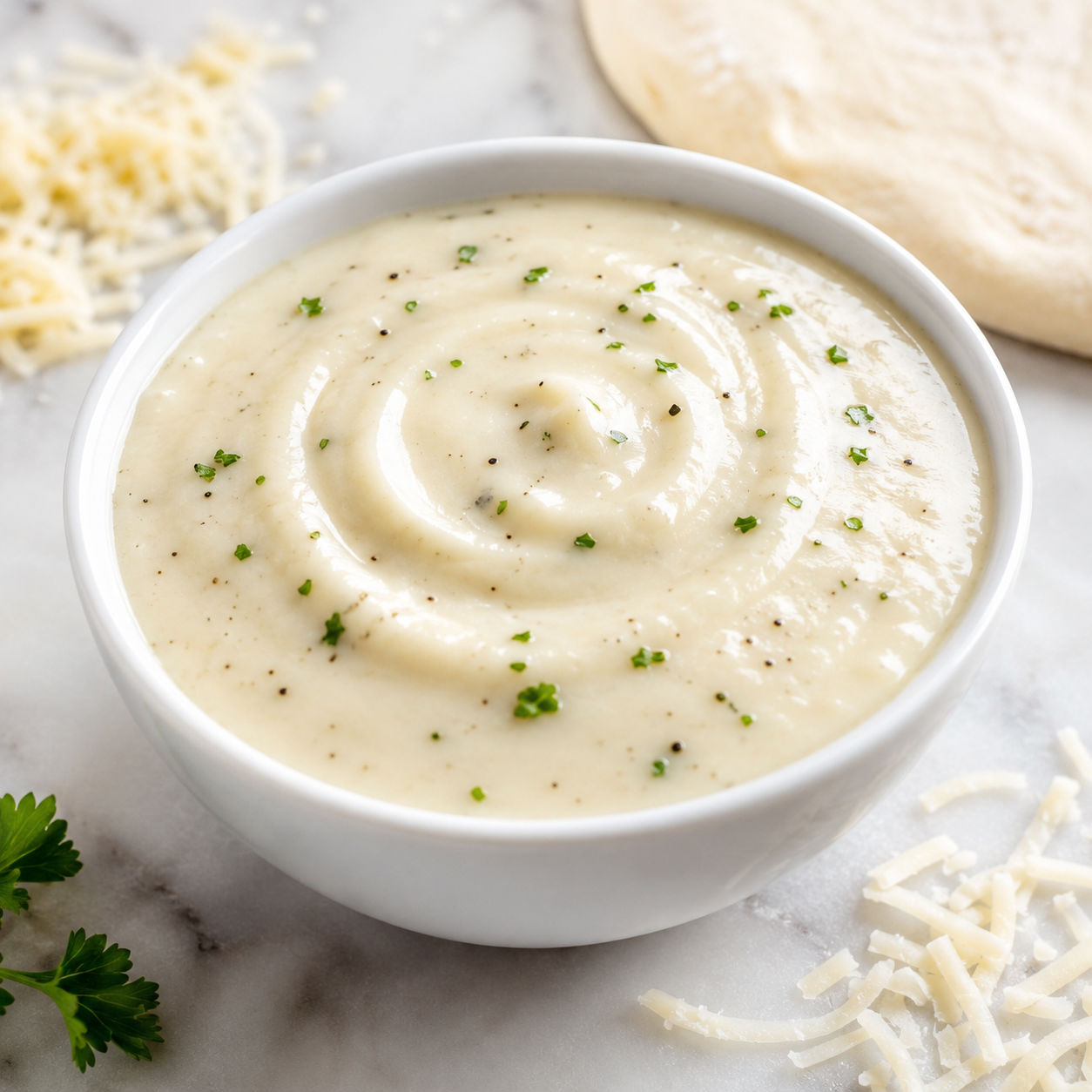 Creamy garlic white pizza sauce in a small white bowl with Parmesan