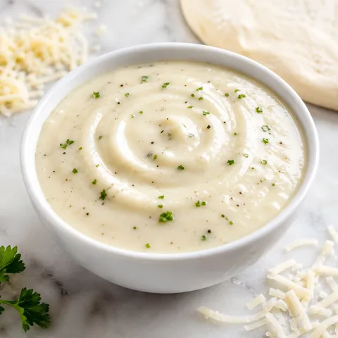 Creamy garlic white pizza sauce in a small white bowl with Parmesan