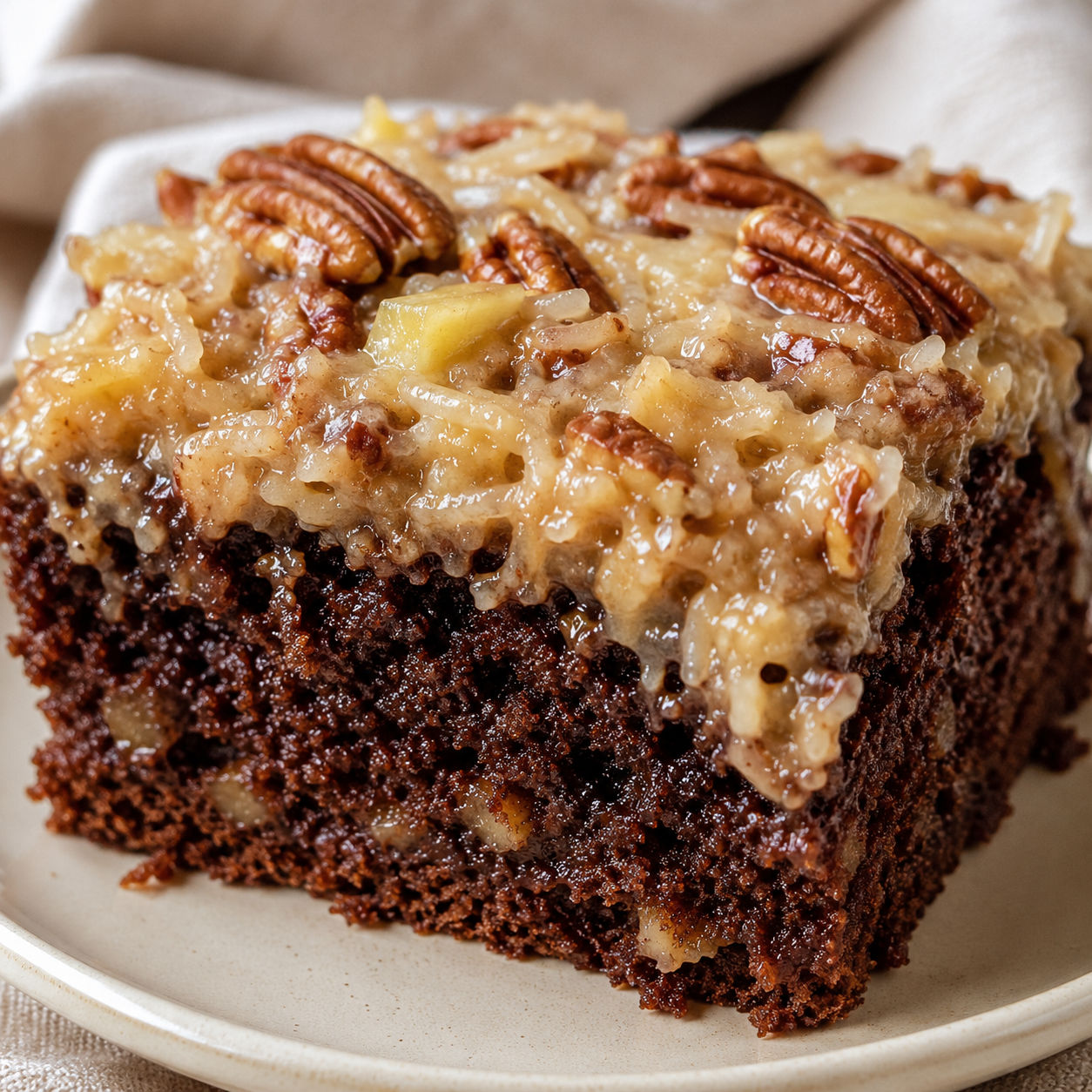 German chocolate pineapple cake with coconut pecan topping
