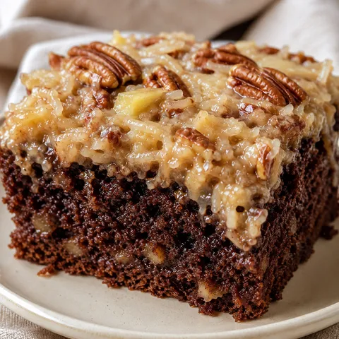 German chocolate pineapple cake with coconut pecan topping