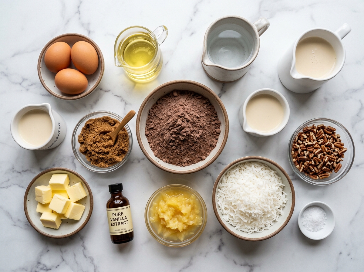 Ingredients for German chocolate pineapple coconut pecan cake